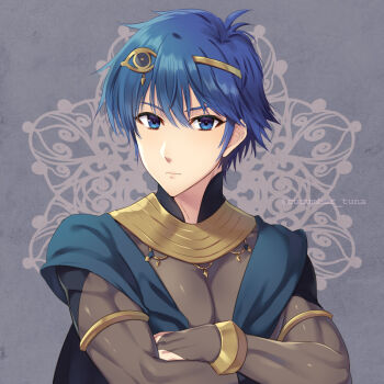 1boy alternate_costume awayuki_ramika blue_eyes blue_hair commentary_request crossed_arms dancer fire_emblem fire_emblem:_new_mystery_of_the_emblem fire_emblem_heroes gold_tiara male_focus male_kris_(fire_emblem) male_kris_(plegian)_(fire_emblem) nintendo official_alternate_costume short_hair solo
