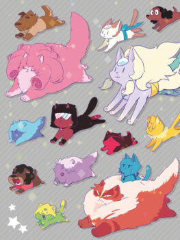 :3 afro amethyst_(steven_universe) animal animalization blue_ribbon cat closed_eyes closed_mouth clothed_animal connie_maheswaran dog extra_arms fenman forehead_jewel garnet_(steven_universe) glasses greg_universe grey_background jasper_(steven_universe) jewelry jitome lapis_lazuli_(steven_universe) necklace no_humans opal_(steven_universe) open_mouth pearl_(steven_universe) pendant peridot_(steven_universe) ribbon riding rose_quartz_universe ruby_(steven_universe) running sapphire_(steven_universe) sash shirt smug star_(symbol) steven_quartz_universe steven_universe sunglasses t-shirt yellow_pearl_(steven_universe)