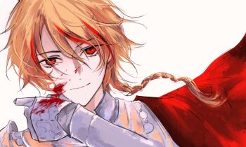 Rule 34 | 1boy, ahoge, armor, blonde hair, blood, blood on armor, blood on face, braid, braided ponytail, cape, chinese commentary, commentary request, fate/strange fake, fate (series), guihuaxianligeng, highres, looking at viewer, male focus, multicolored hair, red eyes, red streaks, richard i (fate), simple background, single braid, smile, solo, upper body, white background, wiping face