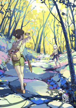 2girls barefoot basket brown_hair commentary_request forest green_shorts hair_bun highres midriff ming_qi_bibi multiple_girls nature original outdoors shirt short_hair shorts sky waving white_hair yellow_shirt yellow_sky