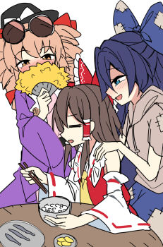 3girls ascot black_hat blue_bow blue_eyes blue_hair blue_skirt blush bow bowl brown_hair chopsticks closed_eyes coat commentary_request detached_sleeves drill_hair e.o. eyewear_on_head frilled_bow frilled_hair_tubes frills grey_hoodie hair_bow hair_tubes hakurei_reimu hand_fan hat highres holding holding_chopsticks holding_fan hood hoodie long_hair multiple_girls open_mouth orange_eyes orange_hair patchwork_clothes purple_coat red_bow ribbon-trimmed_sleeves ribbon_trim rice_bowl round_eyewear siblings simple_background sisters skirt smile sunglasses table top_hat touhou twin_drills white_background yellow_ascot yorigami_jo'on yorigami_shion