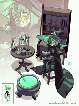 alchemy apoloniodraws ben_10 cauldron crossed_legs diamond_(gemstone) diamondhead fusion genderswap genderswap_(mtf) glass green_eyes grey_matter_(ben_10) hat highres long_coat looking_at_viewer omnitrix short_hair witch_hat yellow-framed_eyewear