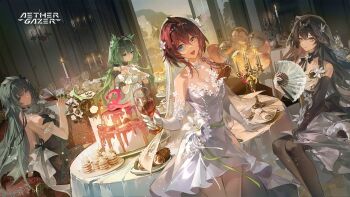 4girls aether_gazer artist_request balloon black_dress black_gloves black_hair blue_eyes brown_hair cake candle character_request copyright_name cup cupcake dress drinking_glass elbow_gloves flower folding_fan food gloves green_hair grey_hair hair_flower hair_ornament hand_fan heterochromia holding holding_cup holding_fan izanami_(aether_gazer) long_hair milestone_celebration multiple_girls official_art sitting table veil verthandi_(aether_gazer) white_dress white_flower white_gloves wine_glass yellow_eyes