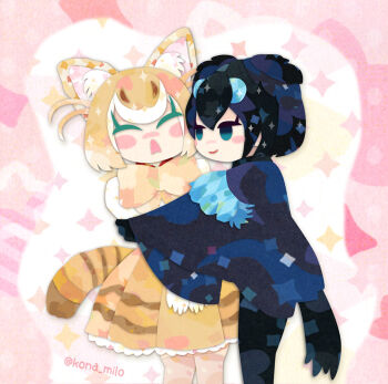 2girls animal_ears bird_girl bird_tail bird_wings black_eyes black_hair blonde_hair bow bowtie cat_(kemono_friends) cat_ears cat_girl cat_tail cloak closed_eyes commentary_request extra_ears feathered_wings gloves head_wings kemono_friends kikuchi_milo multiple_girls pants pink_background shirt short_hair simple_background skirt superb_bird-of-paradise_(kemono_friends) tail wings