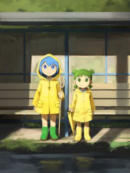 2girls absurdres blue_eyes blue_hair boots bus_stop cane cross cross_necklace crossover green_eyes green_footwear green_hair highres holding holding_cane holding_umbrella hood hood_down hood_up jewelry jubilee_2025 koiwai_yotsuba labuyoi latin_cross looking_at_viewer luce_(jubilee_2025) mud multiple_girls necklace quad_tails raincoat rosary rubber_boots shadow short_hair smile standing umbrella yellow_boots yellow_raincoat yellow_umbrella yotsubato!