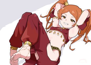 1girl anklet arabian_clothes armlet armpits arms_behind_head arms_up baggy_pants barefoot blush breasts clothing_cutout covered_erect_nipples dancer feet grin harem_outfit harem_pants heart hip_vent idolmaster idolmaster_million_live! idolmaster_million_live!_theater_days jewelry knees_up loli long_hair looking_at_viewer lying midriff navel ogami_tamaki ohgi910 on_back orange_eyes orange_hair pants red_pants small_breasts smile soles solo teeth toenails toes twintails yellow_eyes