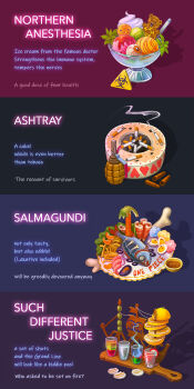 ashtray bacon biohazard_symbol bone cigarette cocktail copyright_name cup disposable_cup disposable_ice_cream_cup drinking_glass egg_(food) english_text explosive eyeball fish food food_focus french_fries fruit gingerbread grenade heart highres lemon lemon_slice li-louie mandarin_orange menu mint no_humans olive one_piece oyster palm_tree plate sauce shell_casing shrimp smoke tree