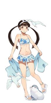 1girl absurdres alternate_costume anklet bikini bikini_skirt bird black_hair blue_bikini breasts brown_eyes cleavage closed_mouth collarbone commentary firstdayiyui flat_chest full_body hachikuji_mayoi hair_ribbon highres holding holding_towel jewelry long_hair looking_at_viewer monogatari_(series) navel print_bikini ribbon seagull seal_(animal) shoes simple_background solo standing swimsuit toes towel twintails white_background white_ribbon white_shoes