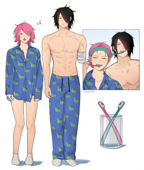 1boy 1girl abs amputee arms_at_sides artist_name bandaged_arm bandages black_eyes black_hair blue_pajamas bob_cut boruto:_naruto_next_generations closed_eyes closed_mouth commentary couple cup dinosaur_print english_commentary facial_mark forehead_mark full_body green_eyes grin hair_over_one_eye haruno_sakura hetero highres holding holding_toothbrush husband_and_wife looking_at_viewer messy_hair multiple_views naruto_(series) navel nipples no_pants no_shirt one_eye_closed open_mouth oversized_clothes oversized_shirt pajamas pectorals pink_hair print_pajamas shirt sleepy sleeves_past_wrists smile socks standing swept_bangs tenartistt toothbrush toothbrush_in_mouth uchiha_sasuke upper_body white_socks yawning zzz