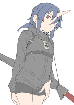 1girl absurdres bike_shorts blue_hair buckle cameltoe cowboy_shot crotch_seam ear_piercing expressionless flat_chest flat_color hair_between_eyes hand_on_own_thigh highres horns katana loli original piercing red_eyes sheath sheathed simple_background single_horn skin-covered_horns solo sword weapon white_background zettai_yarumoni zipper_pull_tag