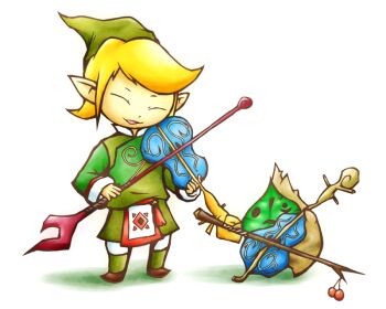 2boys blonde_hair boots closed_eyes fado fado_(wind_waker) hat instrument kinakomochi_(kazuna922) korok leaf makar male_focus multiple_boys nintendo open_mouth pointy_ears simple_background smile the_legend_of_zelda the_legend_of_zelda:_the_wind_waker violin