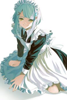 Rule 34 | 1girl, apron, black dress, buttons, closed mouth, collared dress, dress, fingernails, hair ornament, hairclip, highres, ice morinaka, looking at viewer, maid, maid apron, maid headdress, original, shadow, short hair with long locks, simple background, sitting, smile, solo, split mouth, swept bangs, white apron, white background, white hair, yellow eyes