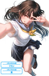 Rule 34 | 1girl, bare legs, blue sailor collar, blue skirt, brown eyes, brown footwear, brown hair, clenched teeth, commentary request, hapchi, leg up, loafers, long bangs, long hair, looking at viewer, neckerchief, original, outstretched arm, pleated skirt, sailor collar, school uniform, selfie, shirt, shoes, short sleeves, sidelocks, signature, simple background, skirt, smile, socks, solo, standing, teeth, translation request, v, v over eye, very long hair, white background, white shirt, white socks, yellow neckerchief
