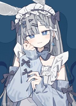 1girl absurdres animal_ears apron artist_name blue_background blue_bow blue_bowtie blue_eyes blue_sleeves blunt_bangs blush bow bowtie braid braided_bangs bright_pupils closed_mouth collarbone commentary_request detached_collar detached_sleeves dot_nose earrings frilled_apron frills grey_bow grey_hair hair_between_eyes hair_bow hair_ornament hairclip hands_up head_tilt highres jewelry komerina light_smile long_hair long_sleeves looking_at_viewer maid maid_apron maid_headdress original parallel_hairclips puffy_long_sleeves puffy_sleeves sea_slug_ears sea_slug_girl sidelocks single_braid sleeve_bow smile solo standing straight_hair too_many_hair_ornaments triangle_earrings unconventional_maid upper_body very_long_hair white_apron white_bow white_headdress