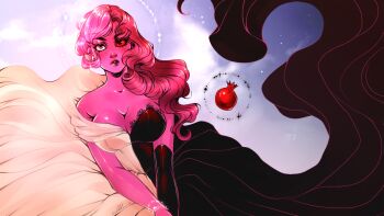 1girl ashiori-chan asymmetrical_hair bare_shoulders black_gloves breasts cleavage colored_skin dress elbow_gloves food fruit gloves jewelry lipstick long_hair looking_at_viewer lore_olympus makeup medium_breasts persephone_(lore_olympus) pink_eyes pink_hair pink_skin pomegranate red_eyes split_theme two-tone_dress