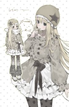 1girl black_bow black_eyes black_shoes blonde_hair blush blush_stickers bow brown_dress brown_hat buttons dress frilled_dress frilled_hat frilled_sleeves frills full_body hair_between_eyes hand_on_own_face hand_up hat hat_ornament highres long_hair long_sleeves looking_at_viewer multiple_views nyzziz original polka_dot polka_dot_background polka_dot_thighhighs scarf shoes star_(symbol) star_hat_ornament thighhighs upper_body white_background white_dress white_scarf