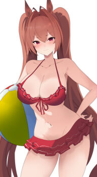 1girl absurdres animal_ears ball bare_arms bare_shoulders beachball bikini bikini_skirt blush bow breasts brown_hair brown_tail cleavage closed_mouth collarbone commentary_request cowboy_shot daiwa_scarlet_(mini_vacation)_(umamusume) daiwa_scarlet_(umamusume) frilled_bikini frills hair_between_eyes hair_bobbles hair_bow hair_intakes hair_ornament hand_on_own_hip hand_up highres holding holding_ball holding_beachball horse_ears horse_girl horse_tail large_breasts long_hair looking_at_viewer low_twintails navel pleated_skirt red_bikini red_bow red_eyes red_skirt rumina_runa simple_background skirt solo standing swimsuit tail twintails umamusume v-shaped_eyebrows very_long_hair white_background