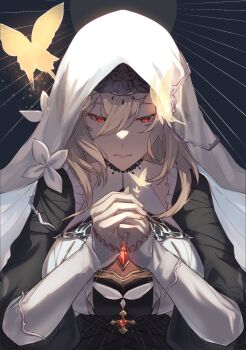 1girl aponia black_dress blonde_hair breast_curtains breasts bug butterfly dress gonnbe_fofo highres honkai_(series) honkai_impact_3rd insect large_breasts mole mole_under_eye nun own_hands_together praying red_eyes short_hair solo upper_body veil white_veil