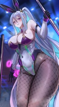 1girl absurdres animal_ears azur_lane bare_shoulders black_gloves breasts brown_pantyhose colored_inner_hair commentary covered_navel cowboy_shot english_commentary fake_animal_ears febicoron fishnet_pantyhose fishnets from_below gloves hair_between_eyes high_ponytail highres indoors kearsarge_(all_night_charge)_(azur_lane) kearsarge_(azur_lane) large_breasts leotard long_hair making-of_available multicolored_hair multicolored_leotard navel official_alternate_costume pantyhose playboy_bunny pole ponytail purple_eyes purple_leotard rabbit_ears solo strapless strapless_leotard stripper_pole thong_leotard two-tone_gloves two-tone_hair two-tone_leotard undersized_breast_cup very_long_hair white_gloves white_leotard