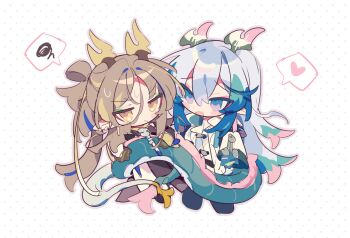 2boys arknights blush brothers brown_hair chibi commentary dragon_boy dragon_horns dragon_tail frown heart holding_another&#039;s_tail horns jacket ji_(arknights) long_hair looking_at_another multicolored_hair multiple_boys open_mouth outline polka_dot polka_dot_background ponytail siblings simple_background smile spoken_heart spoken_squiggle squiggle streaked_hair symbol-only_commentary tail white_background white_jacket yi_(arknights) ym_dpl
