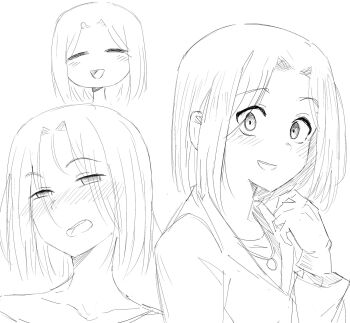 1girl =_= blush bob_cut chaos;head collarbone commission dress drunk gloves highres jacket jewelry looking_at_viewer monochrome multiple_views necklace nishijou_matriarch no_jacket open_mouth optaku science_adventure short_hair simple_background sketch solo