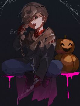 Rule 34 | 1boy, :d, aisu (ahono ice), black background, black boots, black coat, black sclera, blue eyes, blue pants, boots, coat, colored sclera, corded phone, full body, gloves, grey hair, hashtag-only commentary, heterochromia, highres, holding, holding knife, holding phone, jack-o'-lantern, knife, looking at viewer, male focus, mask, mask on head, mismatched sclera, official alternate costume, open mouth, pants, phone, red gloves, reverse:1999, short hair, sitting, smile, teeth, upper teeth only, x (breathing in silence) (reverse:1999), x (reverse:1999), yellow eyes