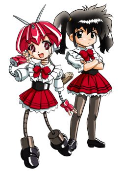 Rule 34 | 2girls, bandabekken, black eyes, black hair, black shoes, bow, bowtie, bronze parrot, closed mouth, crossed arms, cummerbund, frilled shirt, frills, hand up, humanoid robot, ishigami yuusuke, joints, looking at another, mechanical hair, medium hair, multiple girls, open mouth, pantyhose, pleated skirt, radio antenna, red bow, red bowtie, red eyes, red hair, red skirt, robokomi, robot, robot ears, robot girl, robot joints, shirt, shoes, simple background, skirt, smile, suzuki roboko, twintails, waitress, white background, white shirt