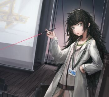1girl blunt_bangs brown_jacket collar cowboy_shot green_collar green_trim hand_on_own_hip highres hiyajou_maho holding id_card jacket jacket_over_dress lab_coat long_hair long_sleeves looking_at_viewer messy_hair science_adventure sebun0217 solo standing steins;gate steins;gate_0 teaching thighs very_long_hair wooden_floor