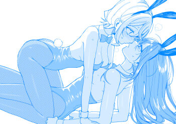 Rule 34 | 2girls, absurdres, animal ear hairband, animal ears, august (goshujin-sama niwa suwasemasen!), blue theme, blush, bow, bowtie, breasts, cleavage, commentary request, detached collar, eye contact, fake animal ears, fake tail, fishnet pantyhose, fishnets, goshujin-sama niwa suwasemasen!, hairband, highres, large breasts, leotard, long hair, looking at another, matilda (goshujin-sama niwa suwasemasen!), mole, mole under eye, monochrome, multiple girls, paderapollo, pantyhose, parted lips, playboy bunny, rabbit ear hairband, rabbit ears, rabbit tail, short hair, straddling, strapless, strapless leotard, sweat, tail, wrist cuffs, yuri