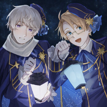 2boys ahoge america_(hetalia) ascot axis_powers_hetalia beret blonde_hair blue_ascot blue_bow blue_bowtie blue_eyes blue_hat blue_jacket blush bow bowtie chain collared_jacket commentary_request frills glasses gloves gold_chain grey-framed_eyewear grey_hair hair_between_eyes hand_up hands_up harutoro_39487 hat hat_ornament highres holding holding_lantern jacket lantern lapels long_sleeves looking_at_viewer male_focus multiple_boys open_clothes open_jacket open_mouth purple_eyes russia_(hetalia) semi-rimless_eyewear short_hair smile star_(sky) star_(symbol) star_hat_ornament star_ornament starry_sky_background starry_sky_print striped_bow striped_bowtie striped_clothes teeth white_gloves