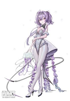 1girl absurdres ahoge blush copyright_logo frills full_body goddess_of_victory:_nikke hair_between_eyes hair_intakes hairband high_heels highres jellyfish kiki_(akasaka0818) leotard liberalio_(nikke) logo looking_at_viewer pantyhose purple_hair red_eyes short_hair_with_long_locks smile solo standing two_side_up white_background white_leotard white_pantyhose