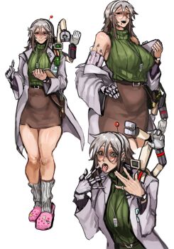 1girl antennae bare_shoulders breasts clipboard crocs glasses green_sweater grey_hair highres holding holding_clipboard holding_pen lab_coat large_breasts long_sleeves long_socks looking_at_viewer mechanical_arms monitor original pen pinky_ring prosthesis prosthetic_arm screen sfour_s4 simple_background single_mechanical_arm skirt socks solo standing sweater tongue tongue_out watch white_background white_socks wristwatch