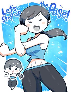 1girl :d ^_^ bare_shoulders black_eyes black_hair black_pants blue_background blue_shirt blue_tank_top blush blush_stickers breasts capri_pants chibi chibi_inset clenched_hands closed_eyes colored_skin cowboy_shot crop_top cropped_legs cross-body_stretch determined english_text grey_hair gym_uniform highres jaggy_lines large_breasts long_hair looking_at_viewer medium_breasts midriff multiple_views navel nintendo no_nose open_mouth outline pants ponytail rariatto_(ganguri) shirt smile solo spandex stretching sweat tank_top tight_clothes tight_pants toned white_outline white_skin wide_hips wii_fit wii_fit_trainer wii_fit_trainer_(female) yoga_pants