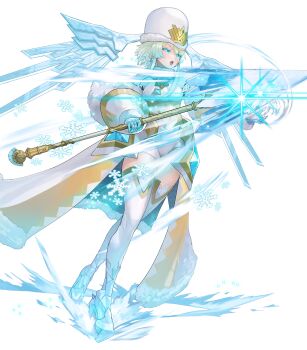 Rule 34 | 1girl, attack, blonde hair, blue eyes, breasts, brooch, cape, capelet, earrings, emblem, fire emblem, fire emblem heroes, fjorm (fire emblem), fjorm (icy miracle) (fire emblem), fur-trimmed cape, fur hat, fur trim, gloves, green eyes, hat, highres, holding, holding polearm, holding weapon, ice, ice skates, ice wings, jewelry, medium breasts, multicolored hair, nintendo, non-web source, official alternate costume, official art, open mouth, polearm, short hair, short hair with long locks, skates, snowflakes, solo, thighhighs, v-shaped eyebrows, weapon, white capelet, wings
