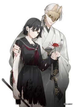 Rule 34 | 1boy, 1girl, absurdres, arm at side, artist name, asymmetrical sleeves, black bridal gauntlets, black eyes, black hair, black nails, black sailor collar, black sclera, black serafuku, bleeding, blood, blood on arm, blood on clothes, blood on hands, blood on leg, bridal gauntlets, colored sclera, cowboy shot, crest, earrings, eye mask, family crest, fingernails, flower, fox mask, fox mask (silent hill), gold earrings, gold mask, grey hakama, hair behind ear, hakama, hand on another's arm, hand up, haori, height difference, high-waist skirt, highres, holding, holding flower, holding hands, holding lead pipe, injury, japanese clothes, jewelry, kimono, kradebii, lead pipe, long hair, long sleeves, looking at object, low ponytail, mask, masked, miniskirt, montsuki, nail polish, neckerchief, parted lips, pleated skirt, ponytail, red flower, red neckerchief, rope, sailor collar, school uniform, serafuku, shimenawa, shimizu hinako, shirt, short hair, silent hill (series), silent hill f, simple background, single bare arm, single earring, skirt, skirt set, slit pupils, spider lily, standing, tassel, tassel earrings, tears, torn clothes, torn shirt, torn skirt, torn sleeve, twitter username, uneven sleeves, white background, white hair, white haori, white kimono, wide sleeves, winter uniform, yellow eyes
