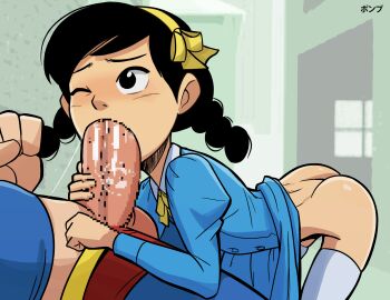 1boy 1girl absurdres bent_over black_eyes black_hair blue_dress braid censored clothes_lift dc_comics dress dress_lift fellatio grabbing_another's_hair headband highres holding_another's_hair indoors loli medium_hair no_panties one_eye_closed oral penis ponpu_(pumpkinsinclair) roberta_lee solo_focus superman superman_(series) superman_smashes_the_klan thighhighs twin_braids white_thighhighs