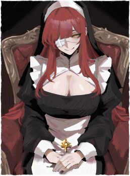 1girl alternate_costume atris2nd breasts chair cleavage cleavage_cutout closed_mouth clothing_cutout commentary commentary_request english_commentary eyepatch highres large_breasts limbus_company long_hair looking_at_viewer medical_eyepatch mixed-language_commentary nun on_chair project_moon red_hair sitting smile solo yellow_eyes yuri_(project_moon)