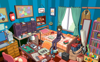 1girl absurdly_detailed_composition alarm_clock amplifier antique_phone bag basketball_hoop bed blush book book_stack brown_hair bulletin_board cd_case chair checkered_floor circuit_board clock closed_umbrella clothes_hanger coat coffee_mug computer computer_mouse computer_tower cup curtains desk desk_lamp dice drawing_tablet duffel_bag electric_fan famicom female_focus flower_basket game_console guitar headphones headphones_removed helmet incense_burner indoors instruction_manual instrument isobe_toast kayari_buta lamp lifebuoy loaded_interior monitor mousepad_(object) mug on_bed original painting_(object) phone picture_frame piggy_bank pillow pliers rotary_phone rubik's_cube short_hair sitting solo stuffed_animal stuffed_toy swim_ring swivel_chair teddy_bear track_suit umbrella unworn_coat unworn_headwear unworn_helmet vase wide_shot window wire_cutters zaisu