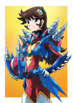 1girl alternate_costume blue_eyes bodysuit breasts brown_hair cleavage cosplay drill_hair drill_spazer gloves grendizer_u highres long_hair looking_at_viewer maria_grace_fleed mazinger_(series) mecha medium_breasts multicolored_bodysuit quad_drills robot skin_tight smile solo taiga_hiroyuki ufo_robo_grendizer