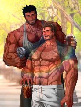2boys abs bara beard biceps black_hair blurry blurry_background blush brown_hair clothes_lift cup day disposable_cup dobek_k facial_hair hairy hand_fan headband highres ice ice_cube large_pectorals light_particles male_focus manly mature_male multiple_boys muscular muscular_arms muscular_male nipples nose_blush original park pectorals shirt shirt_lift short_hair shorts soda summer sunlight sweat sweatdrop tank_top thick_eyebrows tree veins very_hairy very_sweaty