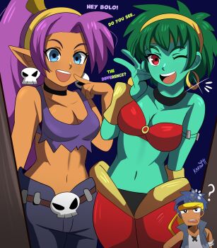 1boy 2girls ? absurdly_long_hair absurdres armpit_crease artist_name bandeau black_choker blue_background blue_eyes blue_hair bolo_(shantae) breasts choker cleavage colored_skin commentary confused cosplay costume_switch cowboy_shot dark_skin denim denim_vest earrings english_commentary english_text gauze_on_arm green_hair green_skin hairband headband highres hoop_earrings jeans jewelry karbuitt linea_alba loading_icon long_hair looking_at_viewer medium_breasts messy_hair multiple_girls narrow_waist navel one_eye_closed open_mouth pants pointing pointing_at_self pointy_ears ponytail purple_hair red_eyes rottytops shantae shantae_(series) shirt short_hair skull_earrings sleeveless sleeveless_shirt sparkle tank_top teeth torn_clothes torn_tank_top upper_teeth_only v very_long_hair white_shirt zombie