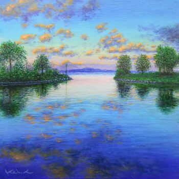 acrylic_paint_(medium) blue_sky cloud commentary commentary_request english_commentary evening keisirou landscape mixed-language_commentary no_humans orange_clouds original painting_(medium) reflection reflective_liquid river scenery signature sky traditional_media tree