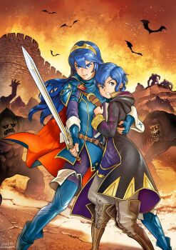 2girls belt black_coat blue_boots blue_eyes blue_gloves blue_hair book boots brand_of_the_exalt brown_boots cape coat commentary commission english_commentary falchion_(fire_emblem) female_morgan_(fire_emblem) fingerless_gloves fire_emblem fire_emblem_awakening gloves grey_eyes grey_pants highres holding holding_sword holding_weapon long_hair lucina_(fire_emblem) misogram mother_and_daughter multiple_girls nintendo pants protecting second-party_source short_hair shoulder_guard surrounded sword tiara weapon