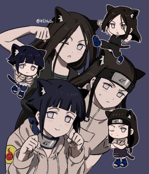 1boy 2girls :o ;o animal_ear_fluff animal_ears black_hair black_pants black_shirt blue_pants blush brown_hair brown_jacket brown_shirt cat_boy cat_ears cat_girl cat_tail chibi chibi_inset closed_mouth commentary_request cousins forehead_protector hyuuga_hanabi hyuuga_hinata hyuuga_neji jacket kena0n konohagakure_symbol long_hair long_sleeves looking_at_viewer multiple_girls naruto_(classic) naruto_(series) no_pupils one_eye_closed open-toe_shoes open_mouth pants paw_pose purple_background shirt short_hair shorts siblings sisters sleeveless sleeveless_shirt sweatdrop tail twitter_username