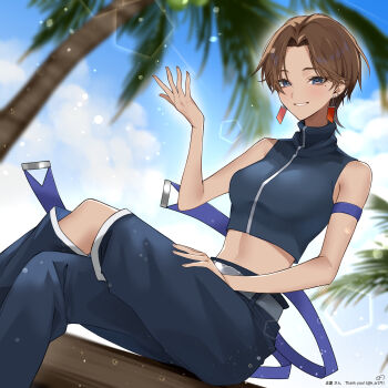 1girl absurdres belt black_pants blurry blurry_background brown_hair character_request cloud commentary_request commission copyright_request earrings grey_belt grey_eyes highres jewelry k_(art71) linea_alba mole mole_under_eye palm_tree pants sitting skeb_commission sky sleeveless smile tree twitter_username virtual_youtuber