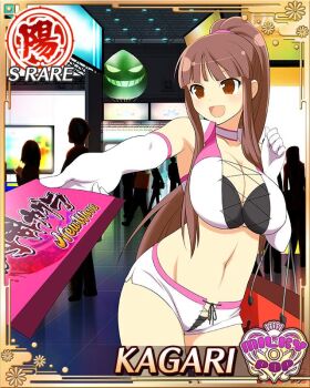 1girl :d bag blunt_bangs breasts card_(medium) choker convention crop_top elbow_gloves game_cg gloves hair_ribbon high_ponytail incoming_gift kagari_(senran_kagura) large_breasts long_hair looking_at_viewer navel non-web_source official_alternate_costume official_art open_mouth outstretched_arm ponytail race_queen red_eyes red_hair red_ribbon ribbon senran_kagura senran_kagura_new_wave sidelocks smile solo white_choker white_gloves