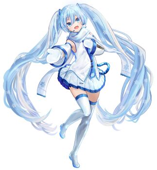 1girl ahoge aqua_eyes aqua_hair aqua_necktie blue_trim blush boots commentary_request detached_sleeves fuyujiro_kohaku glowing_snowflake hair_between_eyes hair_ornament hand_on_own_chest hatsune_miku headset highres long_hair long_sleeves miniskirt mittens necktie open_mouth pleated_skirt scarf shirt simple_background skirt sleeveless sleeveless_shirt smile snowflake_print snowflakes solo thigh_boots thighhighs twintails very_long_hair vocaloid white_background white_mittens white_scarf white_skirt wide_sleeves yuki_miku yuki_miku_(2011) zettai_ryouiki