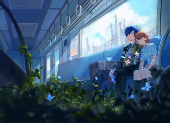 1boy 1girl black_jacket black_pants black_skirt black_socks blue_butterfly blue_hair blue_sky bouquet brown_hair bug butterfly cardigan cardigan_around_waist choker cityscape closed_eyes closed_mouth clothes_around_waist cloud cloudy_sky collared_shirt earphones_removed flipped_hair flower gekkoukan_high_school_uniform grass hair_over_one_eye hashtag-only_commentary head_on_another&#039;s_shoulder heart heart_choker highres indoors insect jacket kneehighs leaf leaning_on_person miniskirt neck_ribbon open_clothes open_jacket pants persona persona_3 pink_cardigan pink_flower plant purple_flower ribbon rrrrrrrrrrrou1 school_uniform shirt short_hair short_sleeves sitting skirt sky sleeping socks summer_uniform takeba_yukari train_interior white_choker white_flower white_shirt window yuuki_makoto_(persona_3)