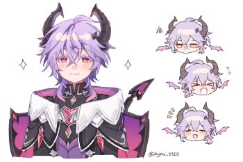 &gt;_&lt; 1boy ahoge artist_name black_jacket black_shirt bright_pupils closed_eyes closed_mouth commentary crossed_bangs crystal crystal_hair_ornament diamond-shaped_pupils diamond_(shape) dragon_boy dragon_horns dragon_tail dragon_wings english_commentary fang flying_sweatdrops gem genshin_impact hair_between_eyes hair_ornament head_only highres horns jacket jewelry kyou_0120 lapels long_sleeves looking_at_viewer male_focus mandarin_collar mini_durin_(genshin_impact) mini_durin_(human)_(genshin_impact) multiple_views notice_lines open_clothes open_jacket open_mouth pendant pink_gemstone purple_hair purple_jacket purple_vest red_eyes shirt short_hair sidelocks simple_background smile sparkle squiggle symbol-shaped_pupils tail two-sided_fabric two-sided_jacket upper_body vest white_background white_pupils wings