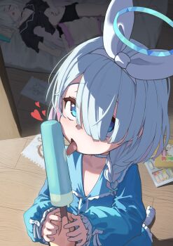 2girls absurdres alternate_costume arona_(blue_archive) black_pajamas black_shorts blue_archive blue_eyes blue_hair blue_halo blue_pajamas bow_hairband braid choker collared_pajamas crayon_drawing dot_nose drmin158 fellatio food futon grabbing_another's_hand hair_over_eyes hairband halo hands_on_another's_hand heart highres holding holding_food holding_hands holding_popsicle kneeling licking loli long_bangs long_sleeves looking_at_viewer medium_hair multicolored_hair multiple_girls oral pajamas paper phallic_symbol pink_hair plana_(blue_archive) popsicle pov shorts side_braid simulated_fellatio single_braid sleeping solo_focus tongue tongue_out two-tone_hair white_choker white_hair white_hairband